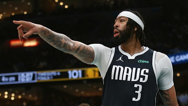 Apr 18, 2025; Memphis, Tennessee, USA; Dallas Mavericks forward Anthony Davis (3) reacts during the third quarter against the Memphis Grizzlies at FedExForum. Mandatory Credit: Petre Thomas-Imagn Images