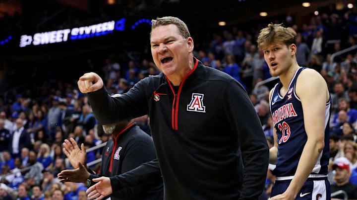 Mar 27, 2025; Newark, NJ, USA; Arizona Wildcats head coach Tommy Lloyd during the second half against the Duke Blue Devils during an East Regional semifinal of the 2025 NCAA tournament at Prudential Center. Mandatory Credit: Vincent Carchietta-Imagn Images
