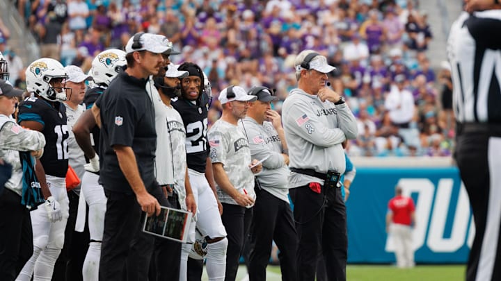 Nov 10, 2024; Jacksonville, Florida, USA; Jacksonville Jaguars head coach Doug Pederson watches the game against the Minnesota Vikings from the sideline at EverBank Stadium. Mandatory Credit: Morgan Tencza-Imagn Images