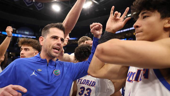 Florida head coach Todd Golden celebrates their 114-55 win over Prairie View A&M during the NCAA March Madness opening round at Benchmark international Arena in Tampa, FL on Friday, March 20, 2026. [Alan Youngblood/Gainesville Sun]