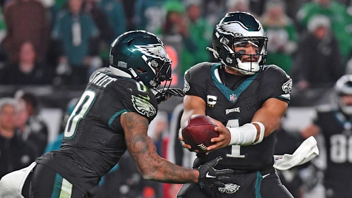 Dec 25, 2023; Philadelphia, Pennsylvania, USA; Philadelphia Eagles quarterback Jalen Hurts (1) hands