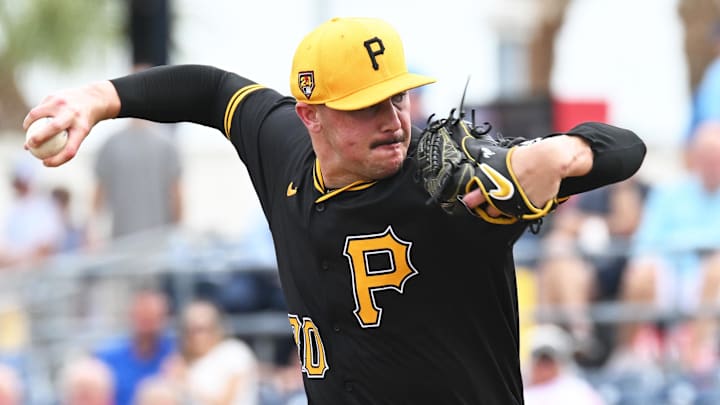 Mar 3, 2024; North Port, Florida, USA; Pittsburgh Pirates pitcher Paul Skenes (30) throws a pitch in