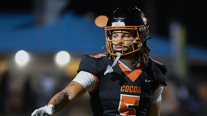 Jayvan Boggs of Cocoa lines up with the side judge during the game against Rockledge in the annual Barbecue Bowl Friday, November 1, 2024. Craig Bailey/FLORIDA TODAY via USA TODAY NETWORK
