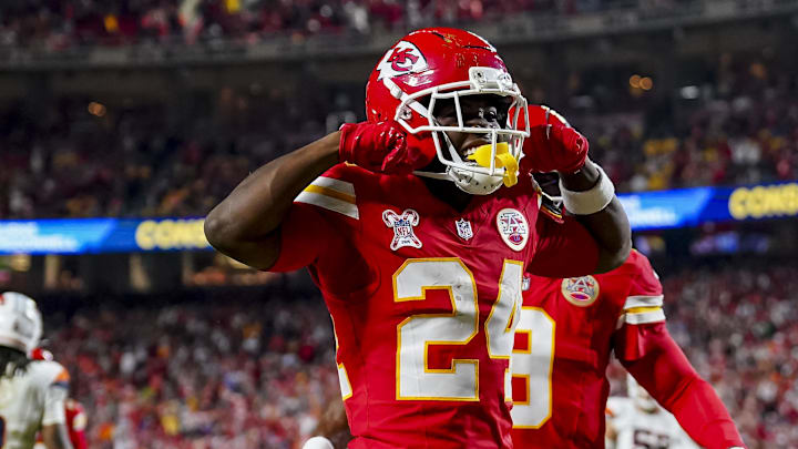 Dec 25, 2025; Kansas City, Missouri, USA; Kansas City Chiefs running back Brashard Smith (24) celebrates during the second quarter at GEHA Field at Arrowhead Stadium. Mandatory Credit: Denny Medley-Imagn Images Dec 25, 2025; Kansas City, Missouri, USA; Kansas City Chiefs running back Brashard Smith (24) celebrates during the second quarter at GEHA Field at Arrowhead Stadium. Mandatory Credit: Denny Medley-Imagn Images