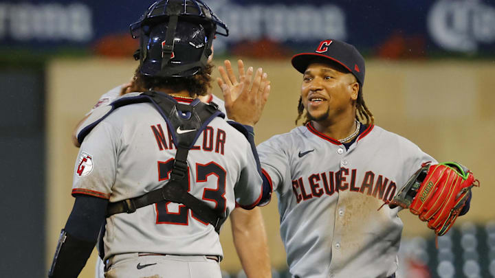 Sep 19, 2025; Minneapolis, Minnesota, USA; Cleveland Guardians third baseman Jose Ramirez (11) celebrates a win against the Minnesota Twins at Target Field. Mandatory Credit: Bruce Kluckhohn-Imagn Images