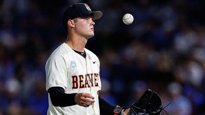 Jun 9, 2024; Lexington, KY, USA; Oregon State Beavers pitcher Jacob Kmatz (35) tosses the ball in the air during the second inning against the Kentucky Wildcats at Kentucky Proud Park. Mandatory Credit: Jordan Prather-USA TODAY Sports