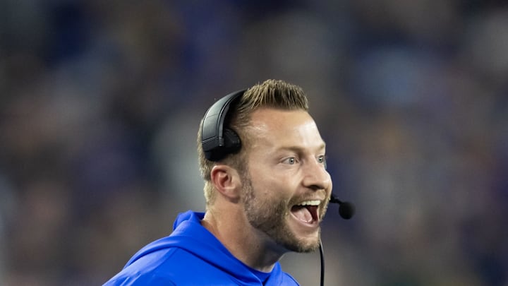 Jan 13, 2025; Glendale, AZ, USA; Los Angeles Rams head coach Sean McVay celebrates a touchdown against the Minnesota Vikings during an NFC wild card game at State Farm Stadium. Mandatory Credit: Mark J. Rebilas-Imagn Images Jan 13, 2025; Glendale, AZ, USA; Los Angeles Rams head coach Sean McVay celebrates a touchdown against the Minnesota Vikings during an NFC wild card game at State Farm Stadium. Mandatory Credit: Mark J. Rebilas-Imagn Images