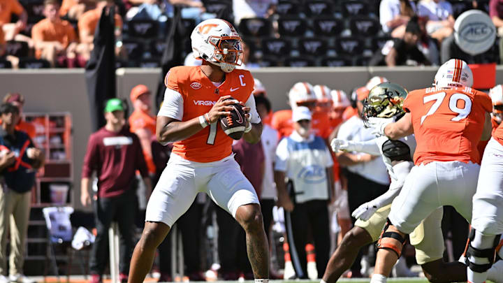 Oct 4, 2025; Blacksburg, Va.; Virginia Tech quarterback Kyron Drones (1) looks to pass during the first quarter.