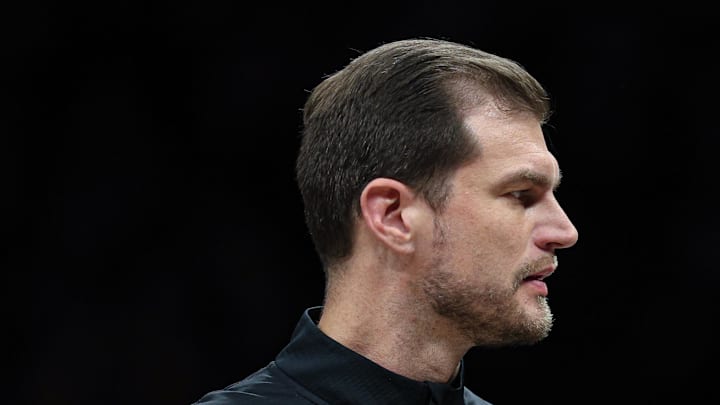 Portland Trail Blazers head coach Tiago Splitter looks back during the second half.