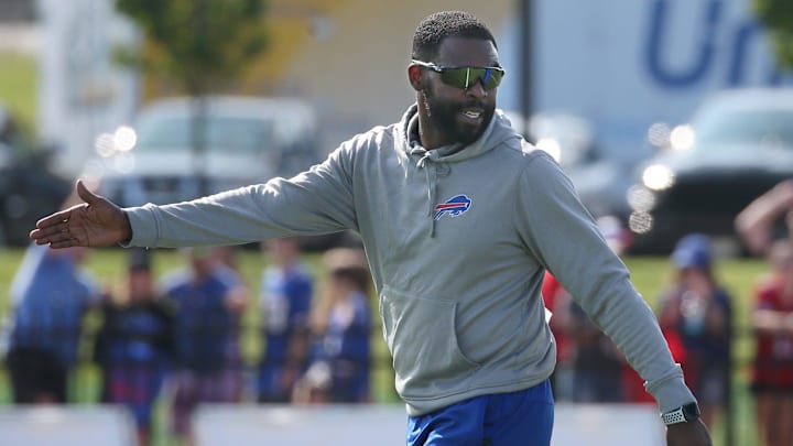 Bills cornerback coach Jahmile Addae talks with players at St. John Fisher University in Pittsford, Friday, July 26, 2024. Bills cornerback coach Jahmile Addae talks with players at St. John Fisher University in Pittsford, Friday, July 26, 2024.