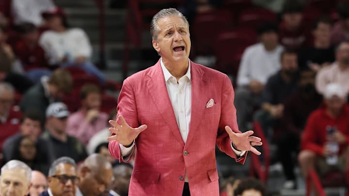 Nov 11, 2025; Fayetteville, Arkansas, USA; Arkansas Razorbacks head coach John Calipari during the first half against the UCA Bears at Bud Walton Arena. Mandatory Credit: Nelson Chenault-Imagn Images