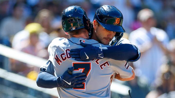 Mar 26, 2026; San Diego, California, USA; Detroit Tigers catcher Dillon Dingler (13) celebrates with third baseman Kevin McGonigle (7) after hitting a two-run home run during the fifth inning against the San Diego Padres at Petco Park. Mandatory Credit: David Frerker-Imagn Images Mar 26, 2026; San Diego, California, USA; Detroit Tigers catcher Dillon Dingler (13) celebrates with third baseman Kevin McGonigle (7) after hitting a two-run home run during the fifth inning against the San Diego Padres at Petco Park. Mandatory Credit: David Frerker-Imagn Images