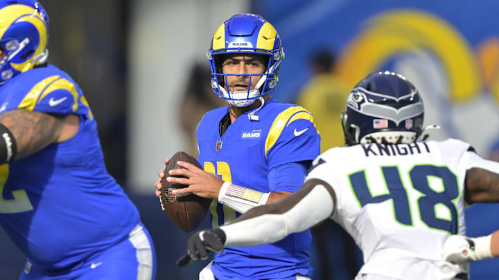 Jan 5, 2025; Inglewood, California, USA; Los Angeles Rams quarterback Jimmy Garoppolo (11) sets to pass in the first half against the Seattle Seahawks at SoFi Stadium. Mandatory Credit: Jayne Kamin-Oncea-Imagn Images Jan 5, 2025; Inglewood, California, USA; Los Angeles Rams quarterback Jimmy Garoppolo (11) sets to pass in the first half against the Seattle Seahawks at SoFi Stadium. Mandatory Credit: Jayne Kamin-Oncea-Imagn Images