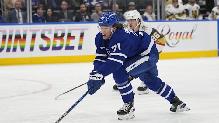 Nov 20, 2024; Toronto, Ontario, CAN; Toronto Maple Leafs forward Nikita Grebenkin (71) on a breakaway against the Vegas Golden Knights during the third period at Scotiabank Arena. Mandatory Credit: John E. Sokolowski-Imagn Images