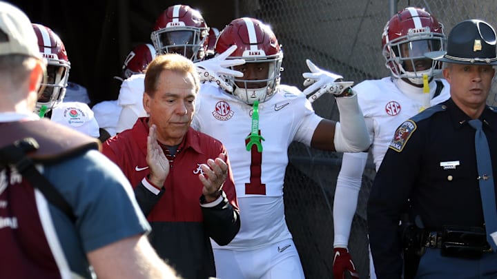 Jan 1, 2024; Pasadena, CA, USA; Alabama Crimson Tide head coach Nick Saban walks on the field with