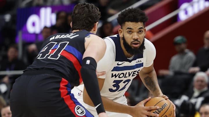Jan 17, 2024; Detroit, Michigan, USA;  Minnesota Timberwolves center Karl-Anthony Towns (32)