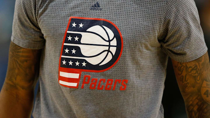 Nov 7, 2016; Charlotte, NC, USA; A closeup view of the Indiana Pacers logo on their warm up shirts prior to the game against the Charlotte Hornets at Spectrum Center. The Hornets defeated the Pacers 122-100. Mandatory Credit: Jeremy Brevard-Imagn Images Nov 7, 2016; Charlotte, NC, USA; A closeup view of the Indiana Pacers logo on their warm up shirts prior to the game against the Charlotte Hornets at Spectrum Center. The Hornets defeated the Pacers 122-100. Mandatory Credit: Jeremy Brevard-Imagn Images