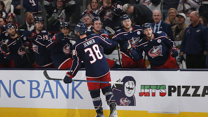 Mar 28, 2025; Columbus, Ohio, USA; Columbus Blue Jackets center Boone Jenner (38) celebrates his goal against the Vancouver Canucks during the third period at Nationwide Arena. Mandatory Credit: Russell LaBounty-Imagn Images