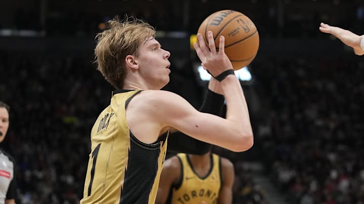 Mar 1, 2024; Toronto, Ontario, CAN; Toronto Raptors guard Gradey Dick (1) goes to shoot a basketball