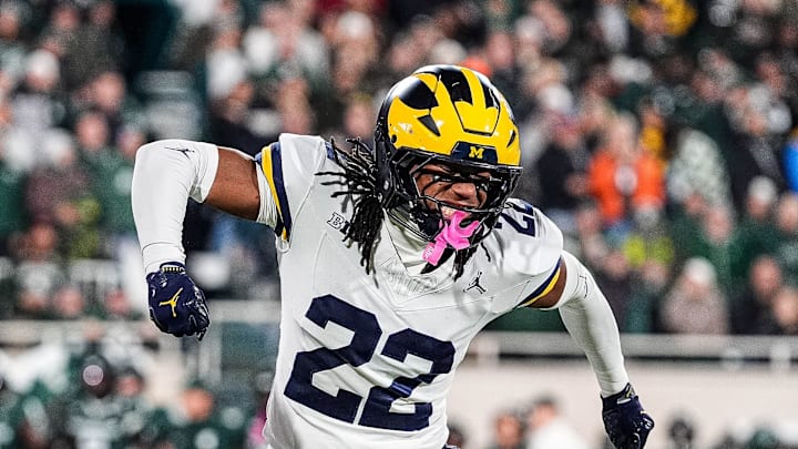 Michigan defensive back Elijah Dotson (22) celebrates a play against Michigan State during the first half at Spartan Stadium in East Lansing on Saturday, October 25, 2025.
