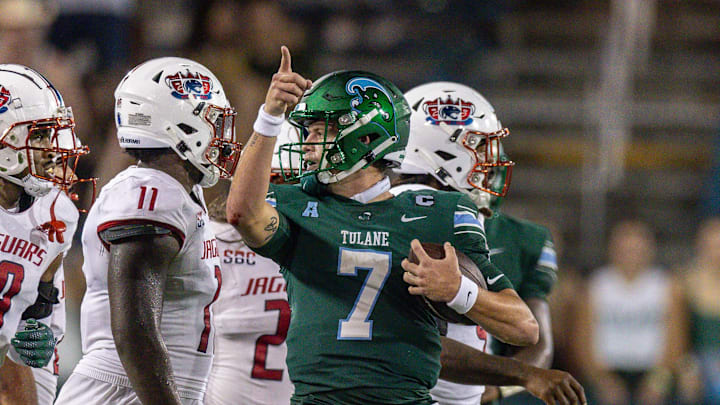 Sep 2, 2023; New Orleans, Louisiana, USA;  Tulane Green Wave quarterback Michael Pratt (7) reacts to