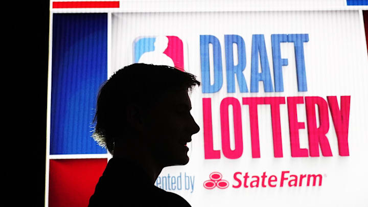 May 12, 2024; Chicago, IL, USA; Kansas’ Johnny Furphy NBA  at the Draft Lottery at McCormick Place West. Mandatory Credit: David Banks-Imagn Images