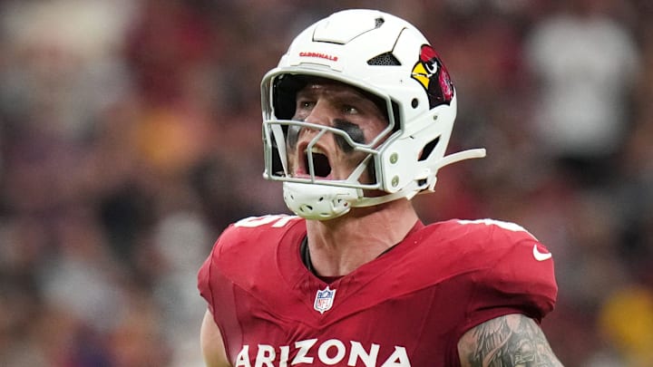 Arizona Cardinals tight end Trey McBride (85) yells out after making a first-down catch against the Carolina Panthers at State Farm Stadium on Sept 14, 2025.