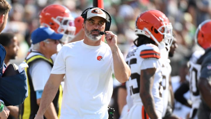 Oct 13, 2024; Philadelphia, Pennsylvania, USA; Cleveland Browns head coach Kevin Stefanski on the sidelines against the Philadelphia Eagles during the second quarter at Lincoln Financial Field.