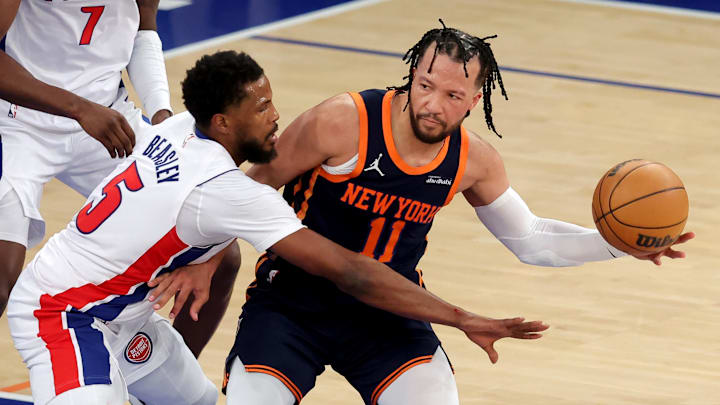 Apr 21, 2025; New York, New York, USA; New York Knicks guard Jalen Brunson (11) looks to pass the ball against Detroit Pistons guard Malik Beasley (5) during the fourth quarter of game two of the first round of the 2024 NBA Playoffs at Madison Square Garden. Mandatory Credit: Brad Penner-Imagn Images