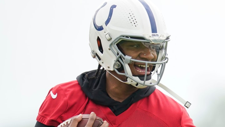 Indianapolis Colts quarterback Anthony Richardson (5) runs drills Wednesday, June 5, 2024, during practice at the Colts Practice Facility in Indianapolis. Indianapolis Colts quarterback Anthony Richardson (5) runs drills Wednesday, June 5, 2024, during practice at the Colts Practice Facility in Indianapolis.