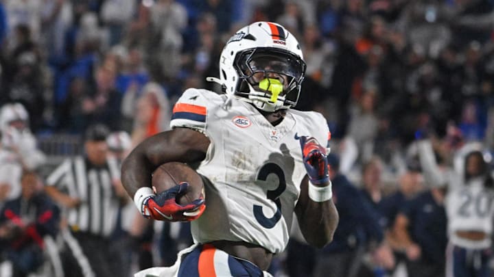Nov 15, 2025; Durham, North Carolina, USA; Virginia Cavaliers running back J'Mari Taylor (3) scores a touchdown against the Duke Blue Devils during the third quarter at Wallace Wade Stadium. Mandatory Credit: Zachary Taft-Imagn Images Nov 15, 2025; Durham, North Carolina, USA; Virginia Cavaliers running back J'Mari Taylor (3) scores a touchdown against the Duke Blue Devils during the third quarter at Wallace Wade Stadium. Mandatory Credit: Zachary Taft-Imagn Images
