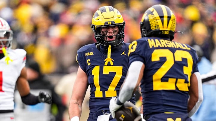 Michigan tight end Marlin Klein (17) celebrates a play made by running back Jordan Marshall (23) against Ohio State during the first half at Michigan Stadium in Ann Arbor on Saturday, Nov. 29, 2025. Michigan tight end Marlin Klein (17) celebrates a play made by running back Jordan Marshall (23) against Ohio State during the first half at Michigan Stadium in Ann Arbor on Saturday, Nov. 29, 2025.