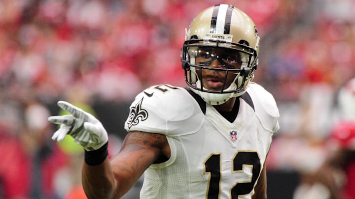 Sep 13, 2015; Glendale, AZ, USA; New Orleans Saints wide receiver Marques Colston (12) reacts during the first half against the Arizona Cardinals at University of Phoenix Stadium. Mandatory Credit: Matt Kartozian-Imagn Images