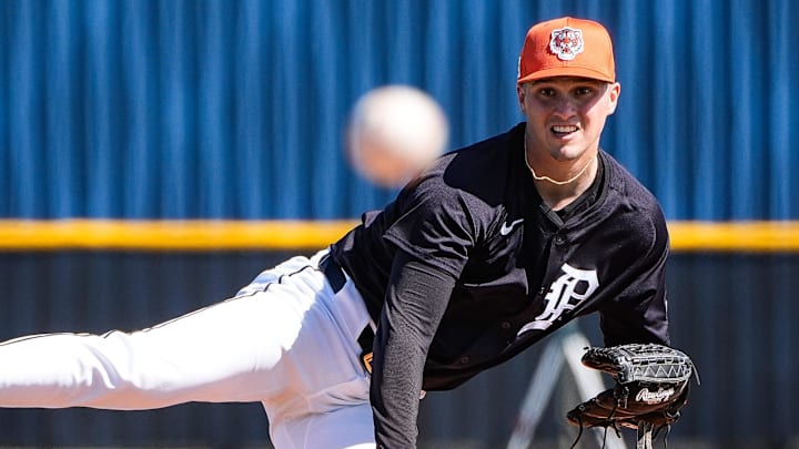 Detroit Tigers pitcher Ty Madden throws at batting practice during spring training at TigerTown in Lakeland, Fla. on Friday, Feb. 21, 2025.