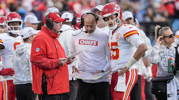 Nov 24, 2024; Charlotte, North Carolina, USA; Kansas City Chiefs head coach Andy Reid talks with quarterback Patrick Mahomes (15) during a time out during the second half against the Carolina Panthers at Bank of America Stadium. Mandatory Credit: Jim Dedmon-Imagn Images Nov 24, 2024; Charlotte, North Carolina, USA; Kansas City Chiefs head coach Andy Reid talks with quarterback Patrick Mahomes (15) during a time out during the second half against the Carolina Panthers at Bank of America Stadium. Mandatory Credit: Jim Dedmon-Imagn Images