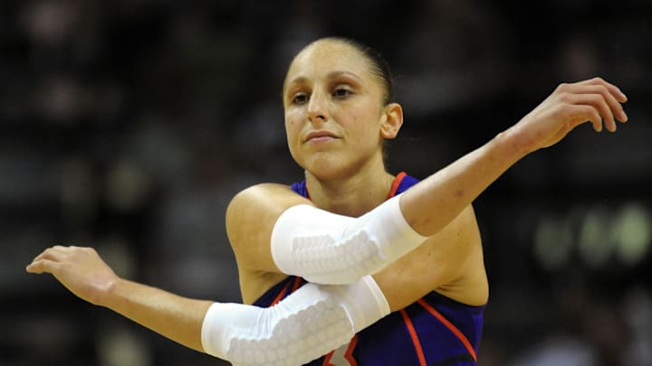August 28, 2010; San Antonio, TX, USA; Phoenix Mercury guard Diana Taurasi (3) warms up prior to the start of the second quarter against the San Antonio Silver Stars at the AT&T Center. Mandatory Credit: Brendan Maloney-Imagn Images