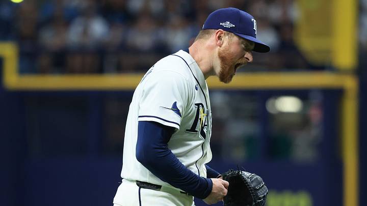 Oct 3, 2026; St. Petersburg, Florida, USA; Tampa Bay Rays pitcher Drew Rasmussen (57) reacts in the second inning against the New York Yankees in game one of the ALDS for the 2026 MLB Playoffs at Tropicana Field. Mandatory Credit: Kim Klement Neitzel-Imagn Images Oct 3, 2026; St. Petersburg, Florida, USA; Tampa Bay Rays pitcher Drew Rasmussen (57) reacts in the second inning against the New York Yankees in game one of the ALDS for the 2026 MLB Playoffs at Tropicana Field. Mandatory Credit: Kim Klement Neitzel-Imagn Images