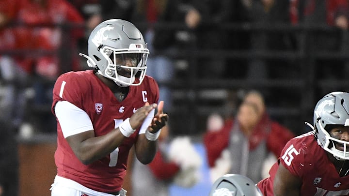Nov 4, 2023; Pullman, Washington, USA; Washington State Cougars quarterback Cameron Ward (1) against the Stanford Cardinal in the second half at Gesa Field at Martin Stadium. Mandatory Credit: James Snook-USA TODAY Sports