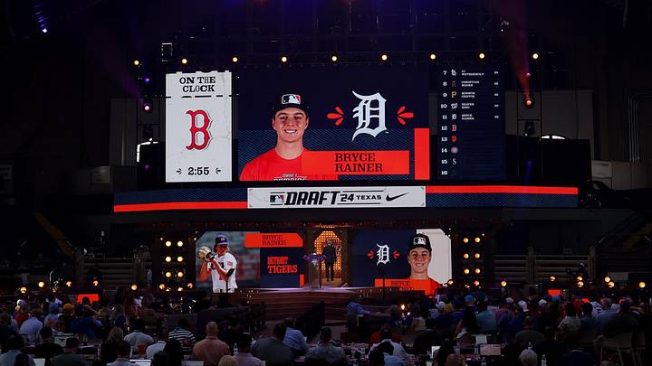 Jul 14, 2024; Ft. Worth, TX, USA; The Detroit Tigers draft Bryce Rainer with the eleventh pick during the first round of the MLB Draft at Cowtown Coliseum. Mandatory Credit: Kevin Jairaj-Imagn Images