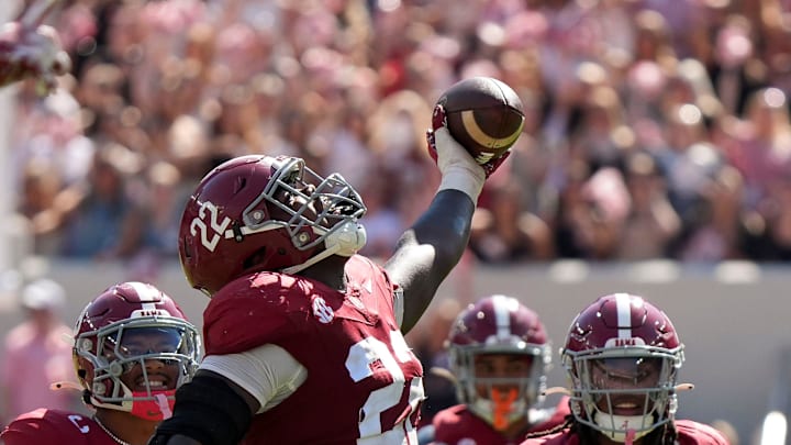 Oct 12, 2024; Tuscaloosa, Alabama, USA; Alabama Crimson Tide defensive lineman LT Overton (22) celebrates after recovering a South Carolina fumble at Bryant-Denny Stadium. Alabama defeated South Carolina 27-25. Mandatory Credit: Gary Cosby Jr.-Imagn Images