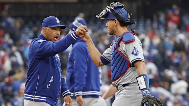 Apr 25, 2024; Washington, District of Columbia, USA; Los Angeles Dodgers manager Dave Roberts (30) celebrates with Dodgers catcher Austin Barnes (15) after their game against the Washington Nationals at Nationals Park. Mandatory Credit: Geoff Burke-Imagn Images Apr 25, 2024; Washington, District of Columbia, USA; Los Angeles Dodgers manager Dave Roberts (30) celebrates with Dodgers catcher Austin Barnes (15) after their game against the Washington Nationals at Nationals Park. Mandatory Credit: Geoff Burke-Imagn Images