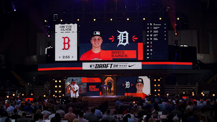 The Detroit Tigers draft Bryce Rainer with the eleventh pick during the first round of the MLB Draft at Cowtown Coliseum in 2024. The Detroit Tigers draft Bryce Rainer with the eleventh pick during the first round of the MLB Draft at Cowtown Coliseum in 2024.
