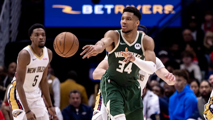 Mar 28, 2024; New Orleans, Louisiana, USA; Milwaukee Bucks forward Giannis Antetokounmpo (34) Mar 28, 2024; New Orleans, Louisiana, USA; Milwaukee Bucks forward Giannis Antetokounmpo (34)