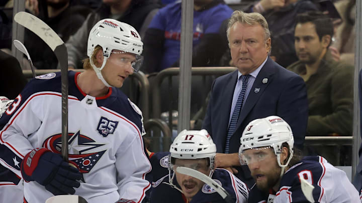 Mar 2, 2026; New York, New York, USA; Columbus Blue Jackets head coach Rick Bowness coaches against the New York Rangers during the second period at Madison Square Garden. Mandatory Credit: Brad Penner-Imagn Images