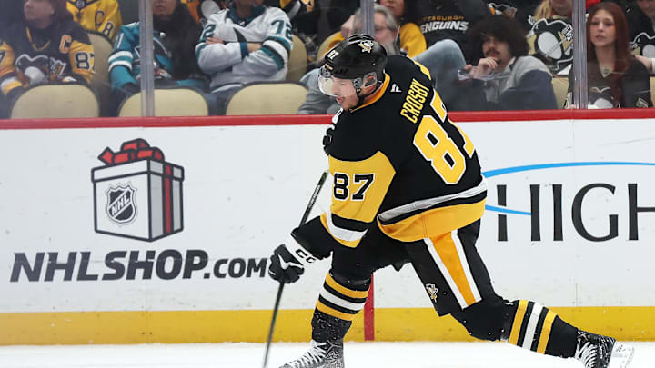 Dec 13, 2025; Pittsburgh, Pennsylvania, USA; Pittsburgh Penguins center Sidney Crosby (87) shoots against the San Jose Sharks during the second period at PPG Paints Arena. Mandatory Credit: Charles LeClaire-Imagn Images Dec 13, 2025; Pittsburgh, Pennsylvania, USA; Pittsburgh Penguins center Sidney Crosby (87) shoots against the San Jose Sharks during the second period at PPG Paints Arena. Mandatory Credit: Charles LeClaire-Imagn Images