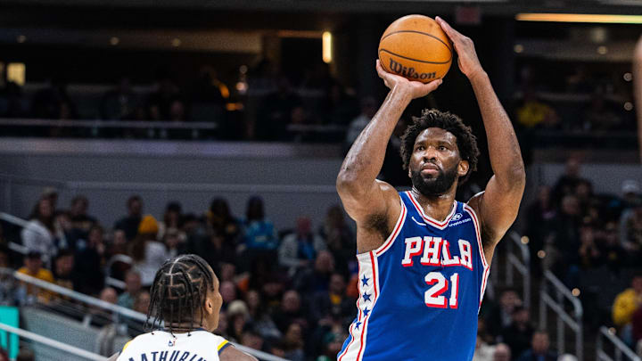 Jan 25, 2024; Indianapolis, Indiana, USA; Philadelphia 76ers center Joel Embiid (21) shoots the ball