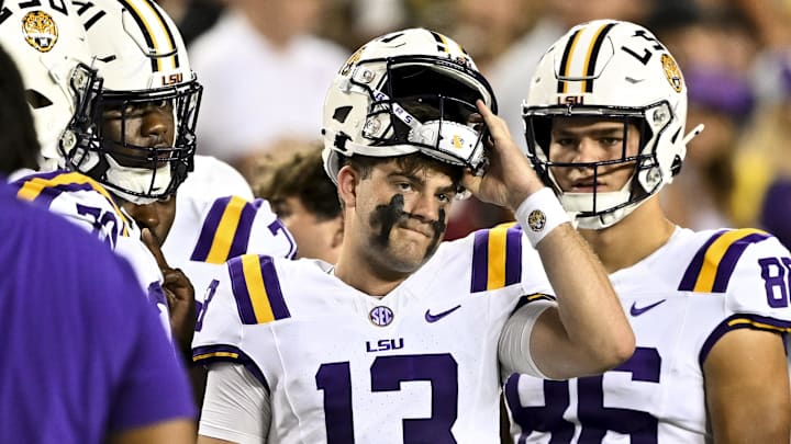 LSU Tigers quarterback Garrett Nussmeier looks on against the Texas A&M Aggies.