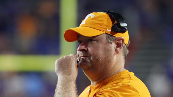 Nov 22, 2025; Gainesville, Florida, USA; Tennessee Volunteers head coach Josh Heupel against the Florida Gators during the second half at Ben Hill Griffin Stadium. Mandatory Credit: Kim Klement Neitzel-Imagn Images