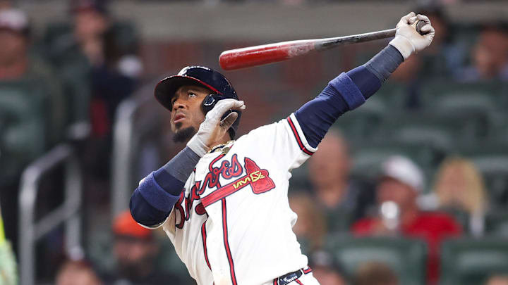 Apr 28, 2026; Atlanta, Georgia, USA; Atlanta Braves second baseman Ozzie Albies (1) hits a two-run home run against the Detroit Tigers in the eighth inning at Truist Park. Mandatory Credit: Brett Davis-Imagn Images