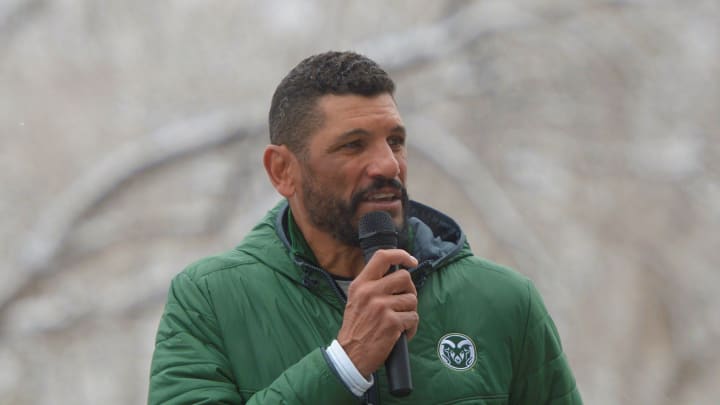 Colorado State football coach Jay Norvell speaks before the Grit run on Saturday, April 20, 2024. The run is a charity race to raise money for cystic fibrosis research.